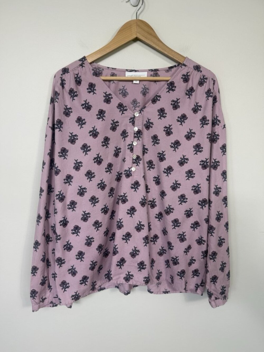 J Jill Top Womens Floral Purple Large Tall Organic Cotton Feminine Blouse